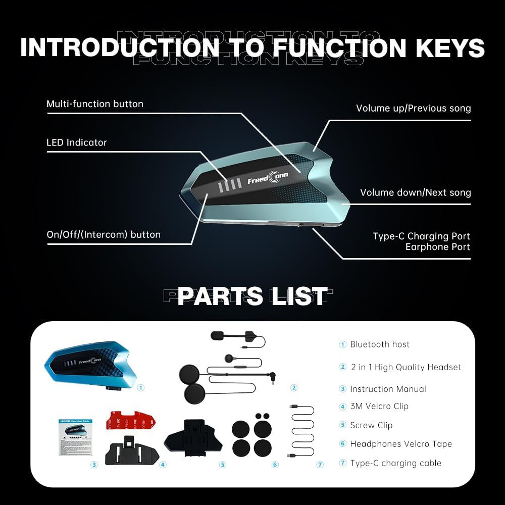 Freedconn Hero Motorcycle Bluetooth Intercom Headset Fast Pairing HD Sound