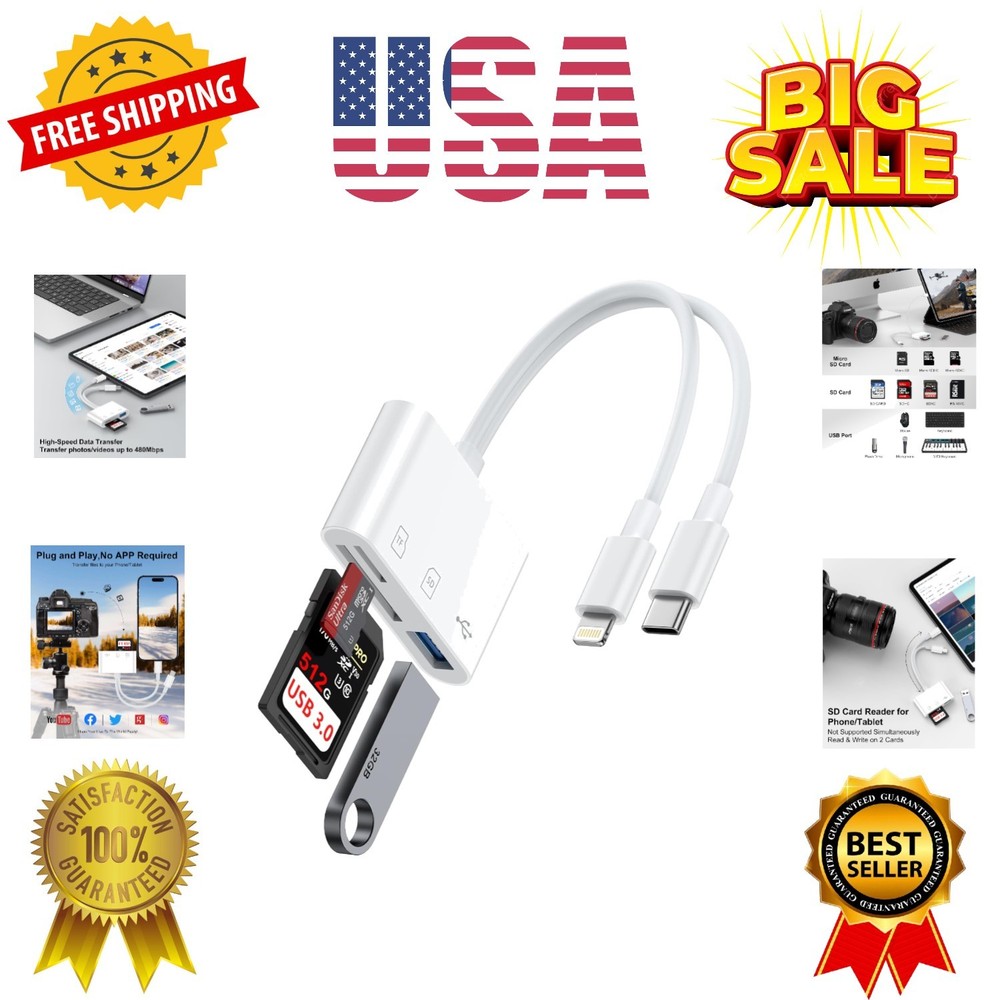 SD Card Reader for iPhone, iPad, Samsung, Memory SD Card Reader USB C&Lightni...