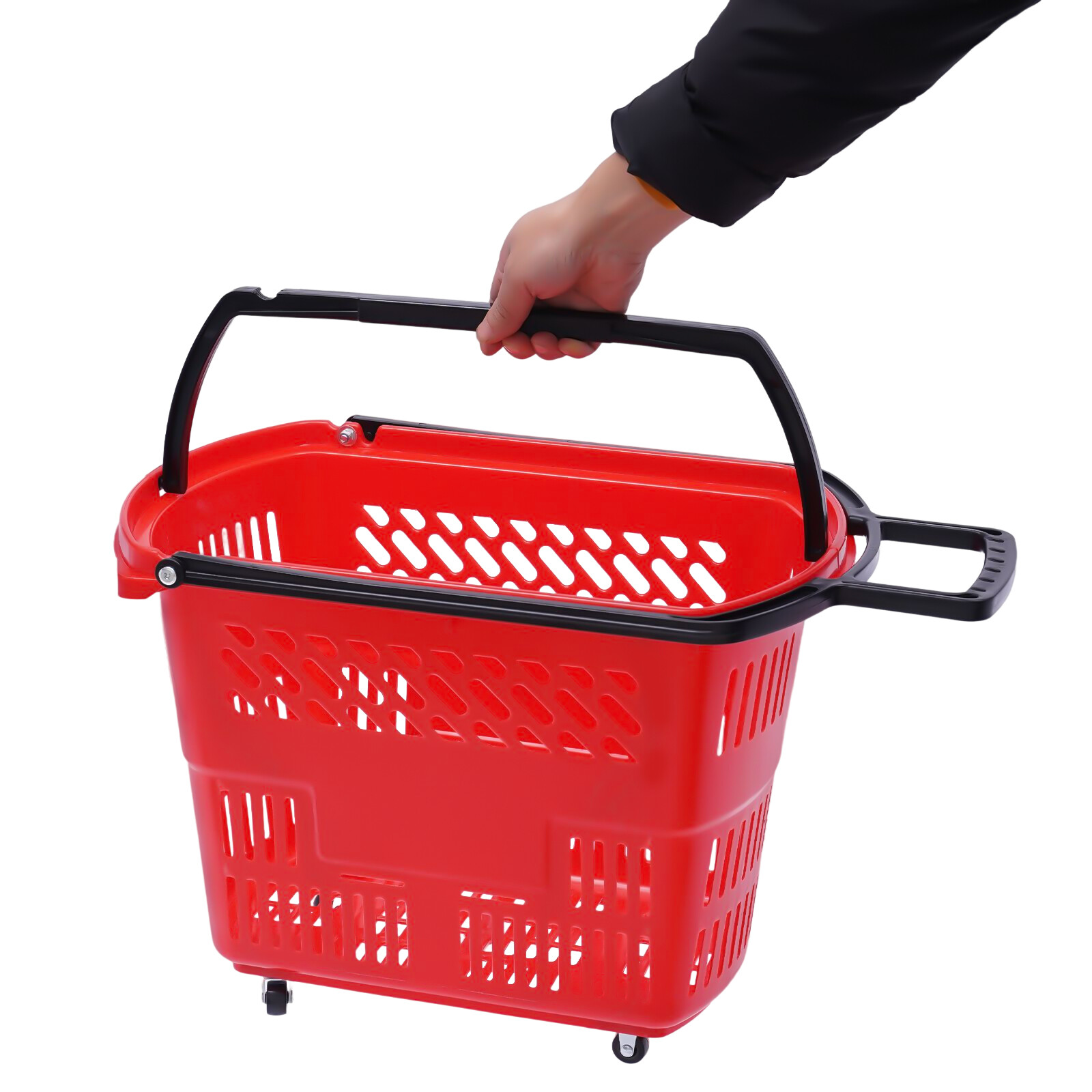 6Pcs Red Rolling Shopping Basket Plastic Rolling Shopping Carts with Handle 35L