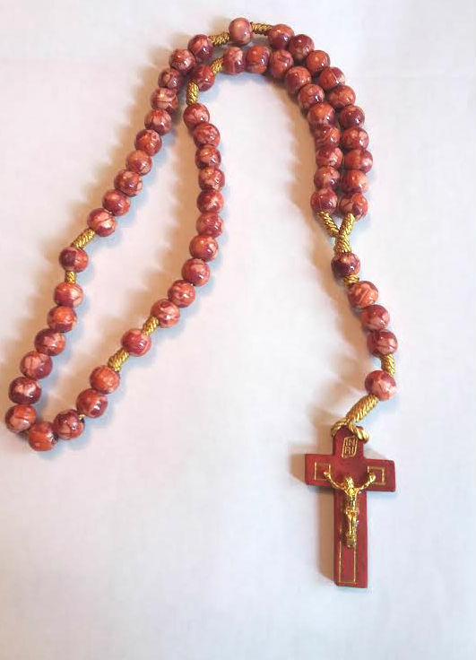Burgundy Marbelized Wood Bead Rosary, Hand-Threaded, Sturdy 15"