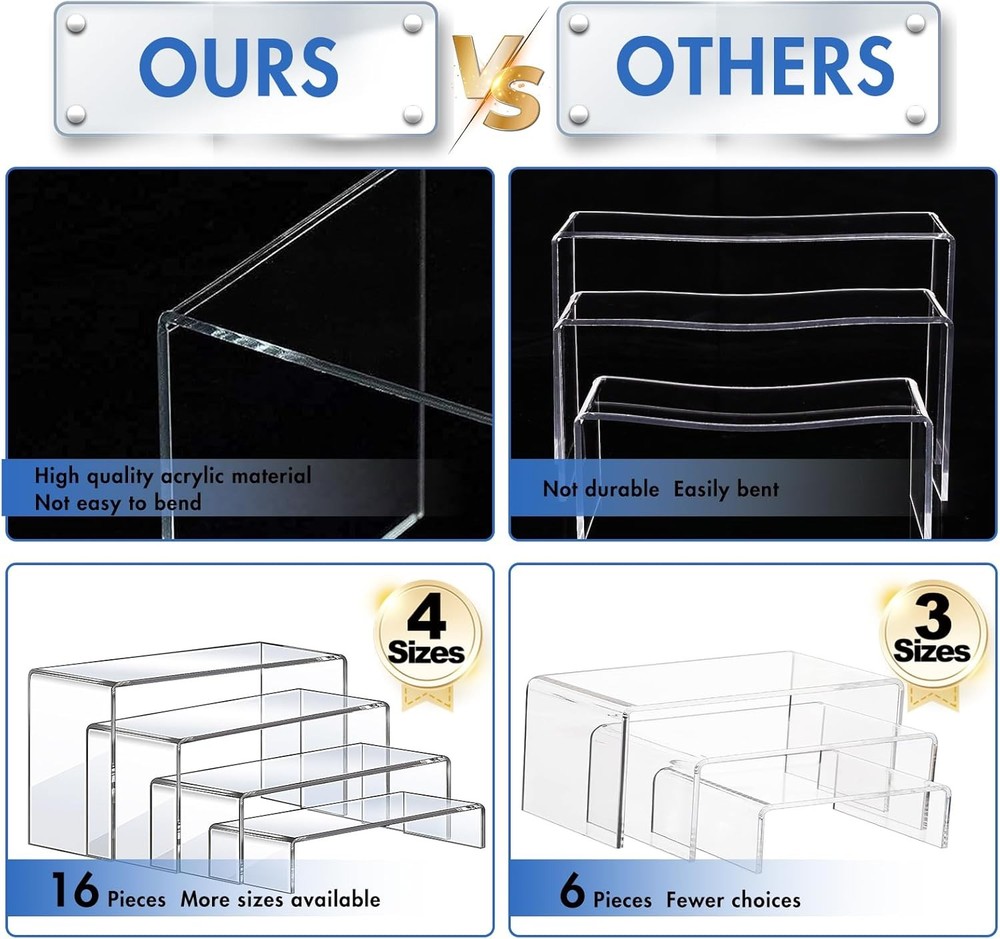 Display Risers 16 Pcs 4 Set 7”L~8”L~9”L Acrylic Riser Display Shelf Clear Risers