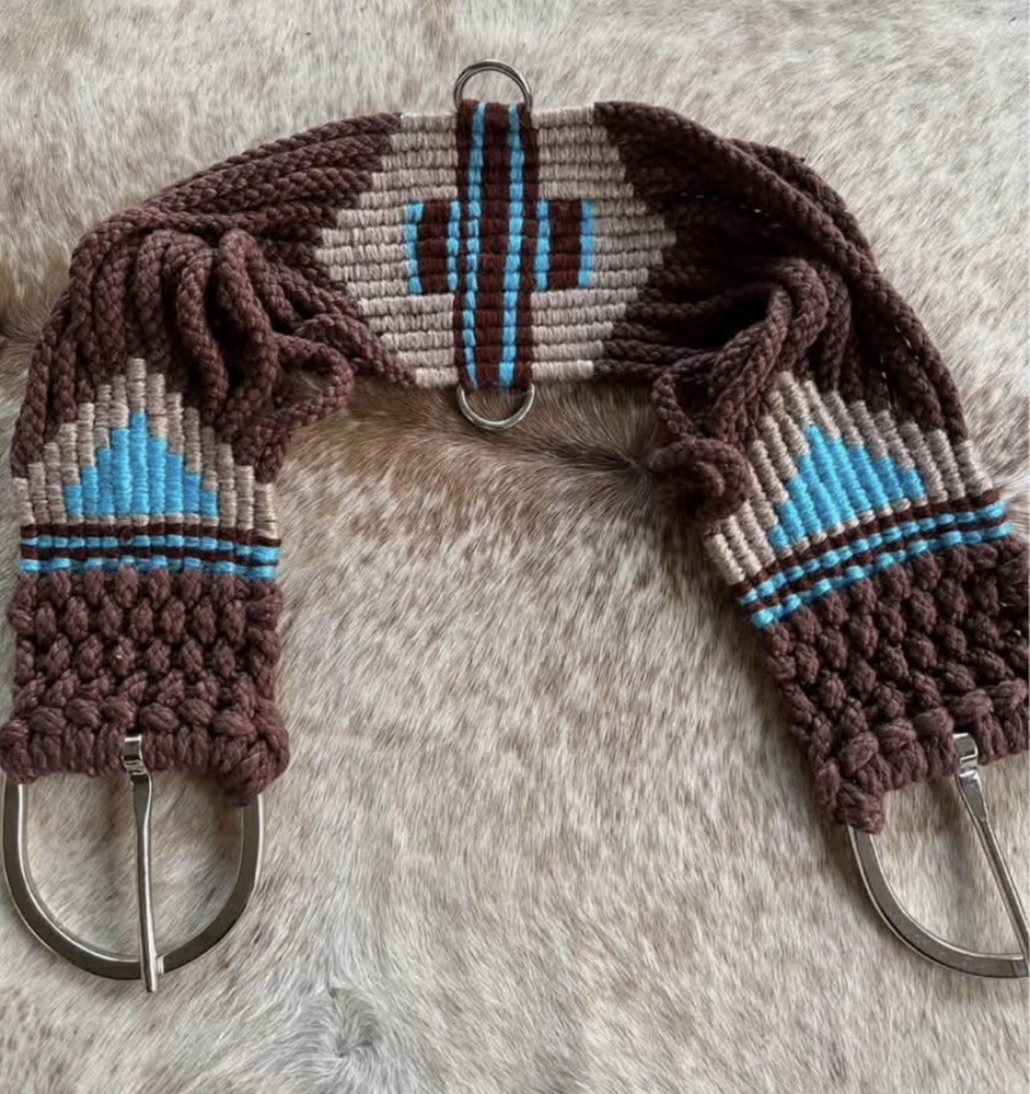 34” Size Wool Western String Girth Cinch Teal and Brown Aztec Design