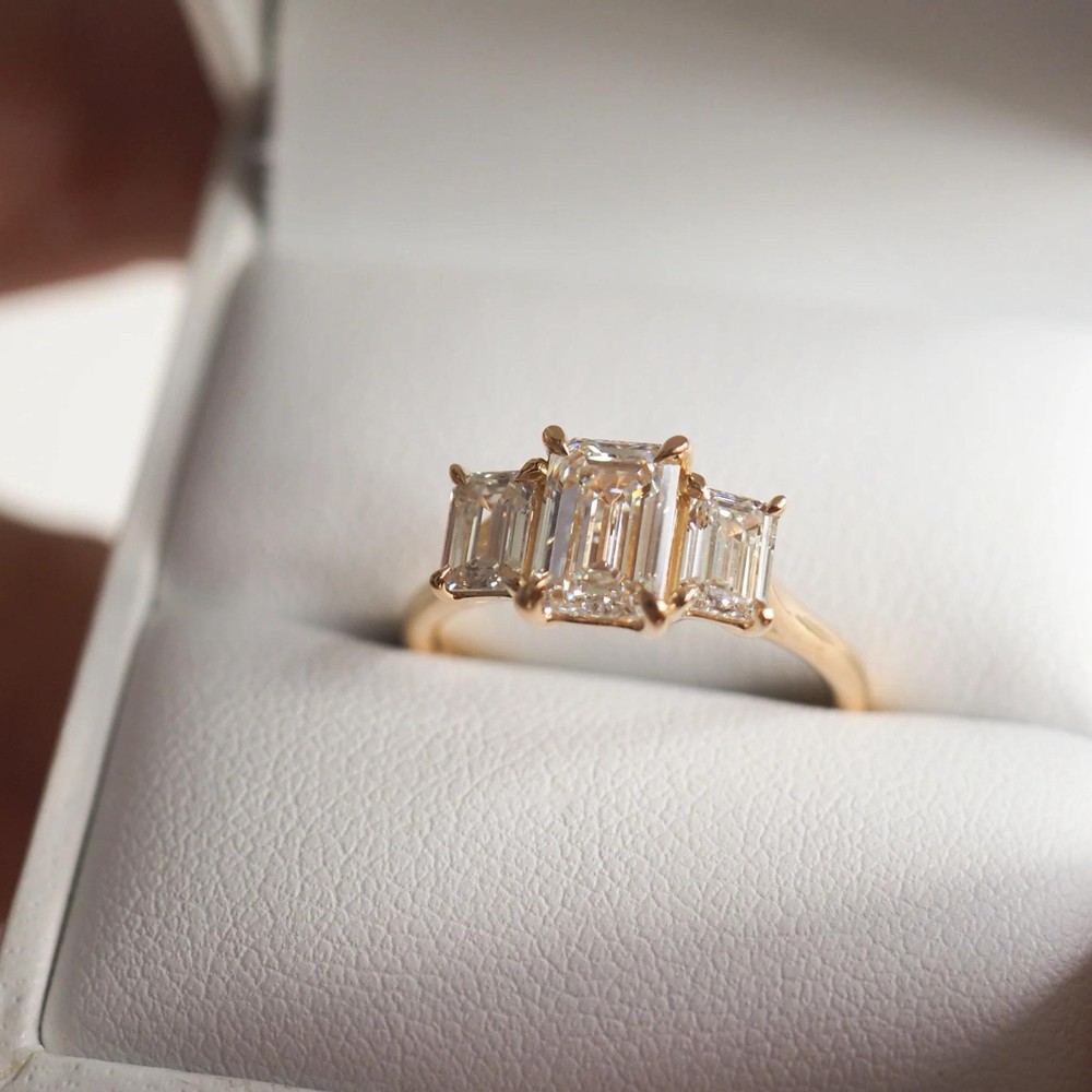 1.25 Ct Emerald Cut Lab Created Three Stone Ring - Step Cut Engagement Ring
