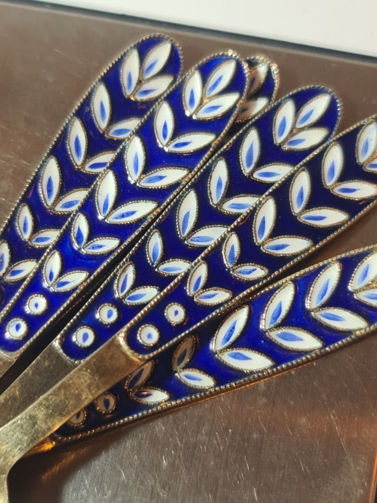 Antique Russian Blue Enamel Gilded Silver Spoons