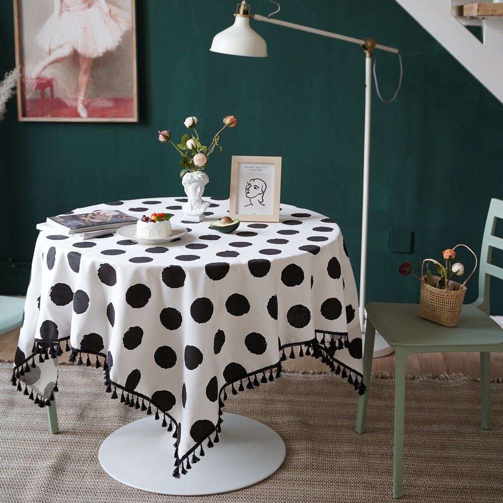 Round Tablecloth Tassel Black White Printed Oval Dot Rectangular Table Cloth
