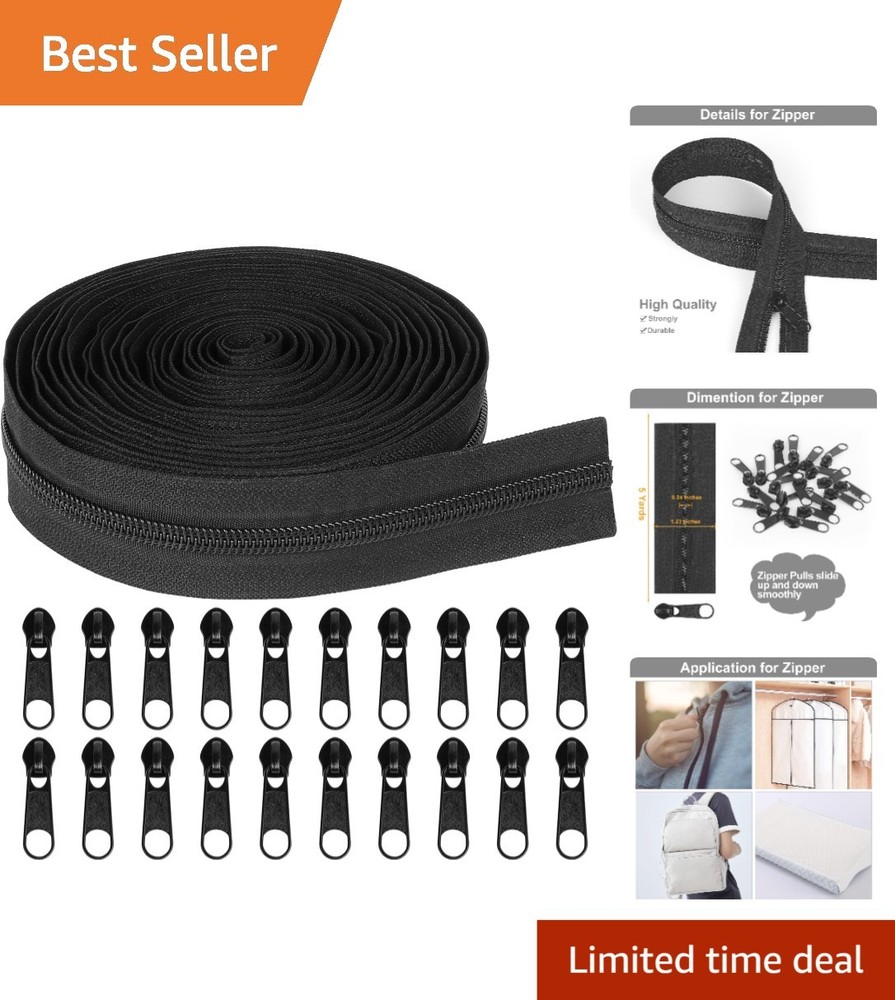 Continuous 5 Yards Black Nylon Zipper with Zipper Pulls for Seamless Projects