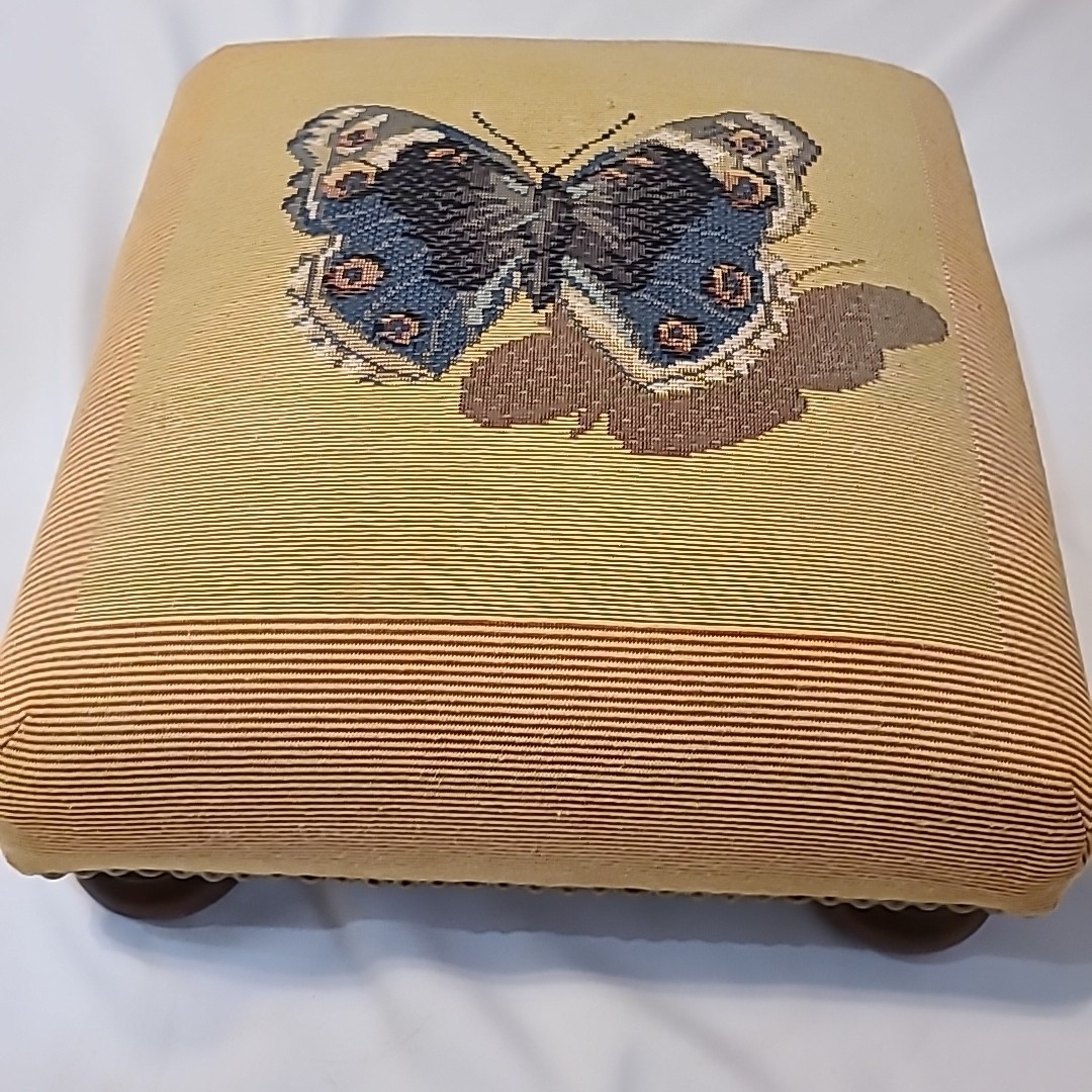 Vintage needlepoint butterfly footstool 13" x 13" x 5" Wooden Feet