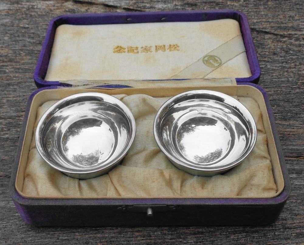 Vintage Hallmarked Silver & Celadon Sake Choko Cups