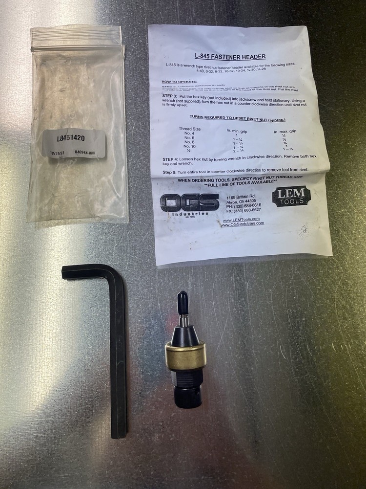 Fastener header, Lem Tools L-845  1/4-20, NEW!