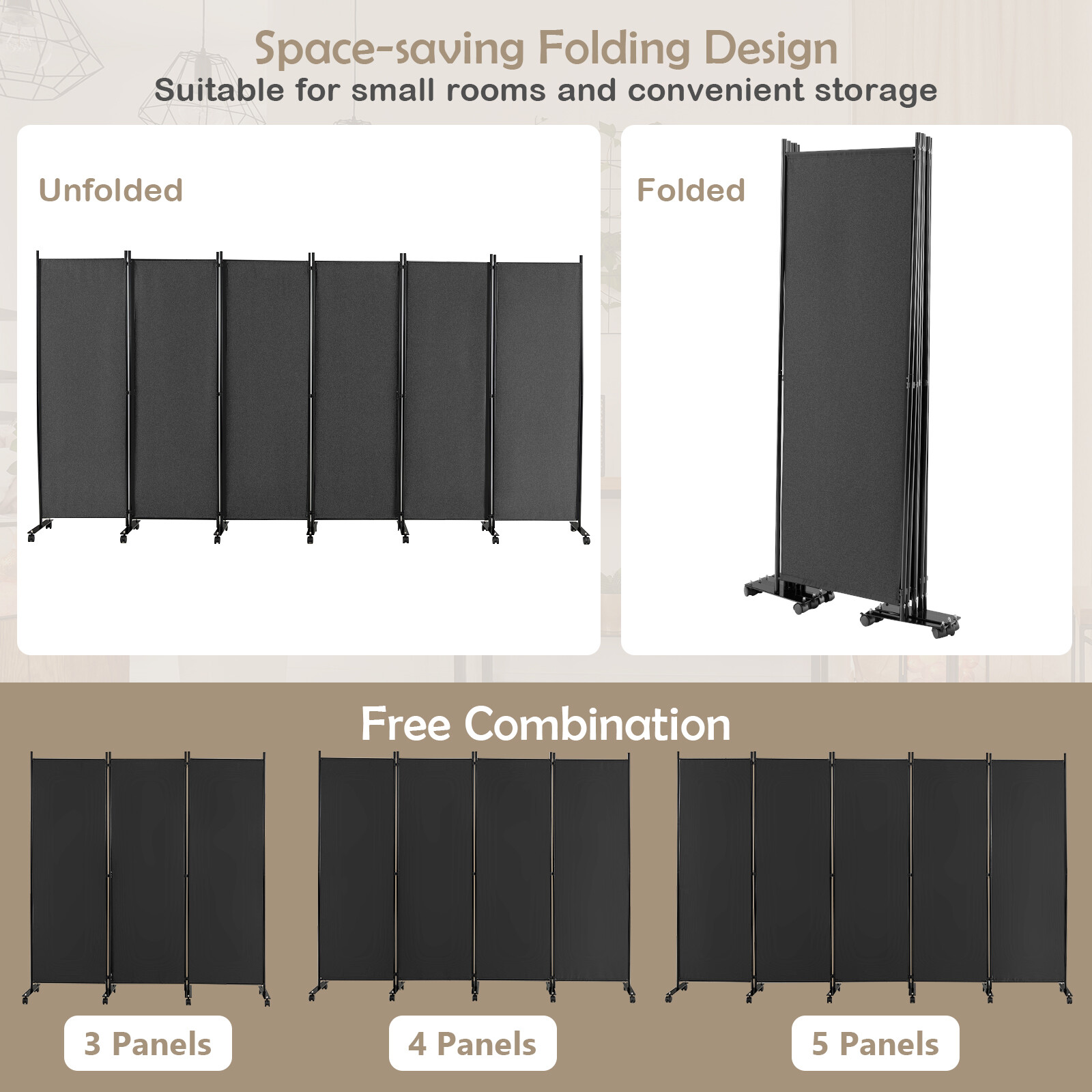6-Panel Folding Room Divider 6FT Rolling Privacy Screen w/ Lockable Wheels Grey