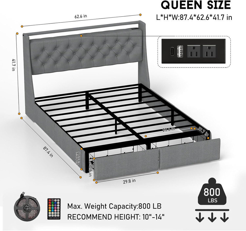 Queen Size Bed Frame with Charging Station and Headboard, Upholstered Button Tuf