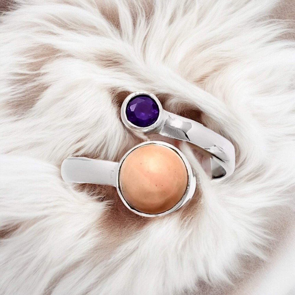 Pink Opal & Amethyst Solid 925 Sterling Silver Ring adjustable