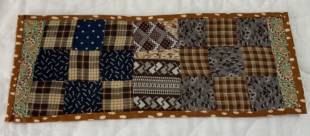 Antique Vintage Table Topper, Rectangle, Nine Patch, Early Calicos, Brown
