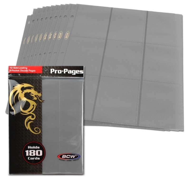 (10) BCW Gaming Side Loading 18-Pocket Pro Pages - Gray