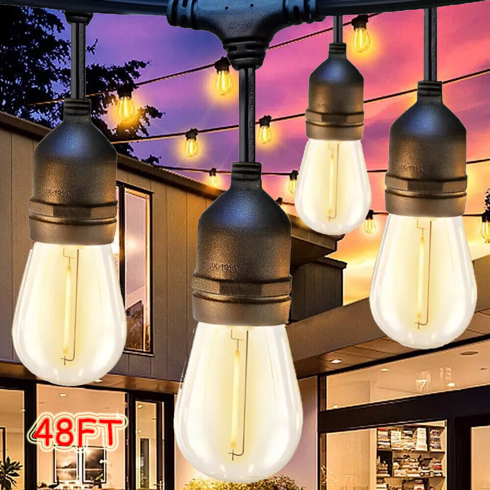 48FT LED Outdoor String Lights Shatterproof Bulbs Commercial Patio Party Garden