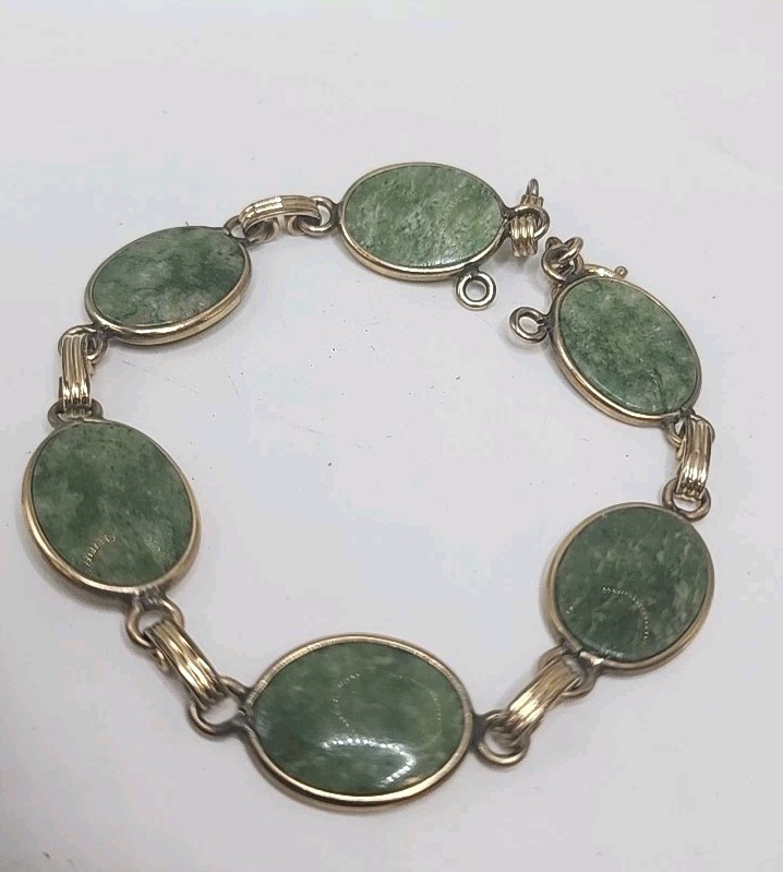 Vintage Green Jade Bracelet 12k Gold Filled GF Oval Link Chain 8"