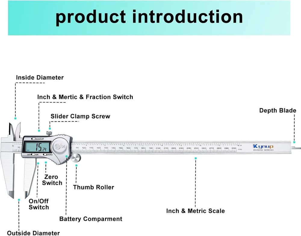 Precision 12-Inch Digital Caliper: Splash-Proof Stainless Steel with LCD Display