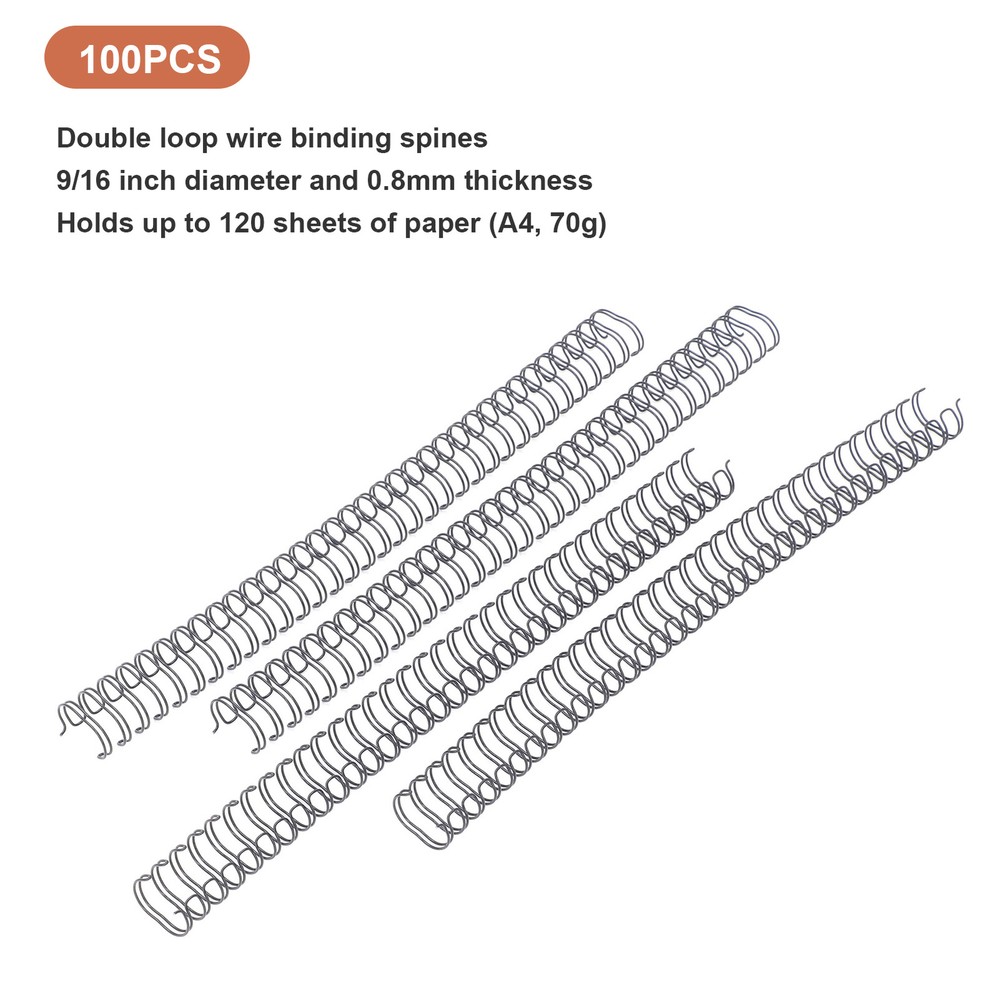 100x Double Loop Wire Binding Spines 9/16Inch 34Loop 3:1 Pitch 120Sheet Capacity