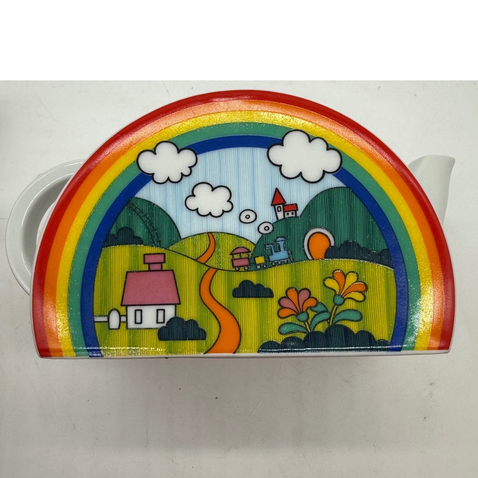 Vtg 80s Rainbow Landscape Ceramic Teapot Semi Circle Pop Art Novelty Kitsch