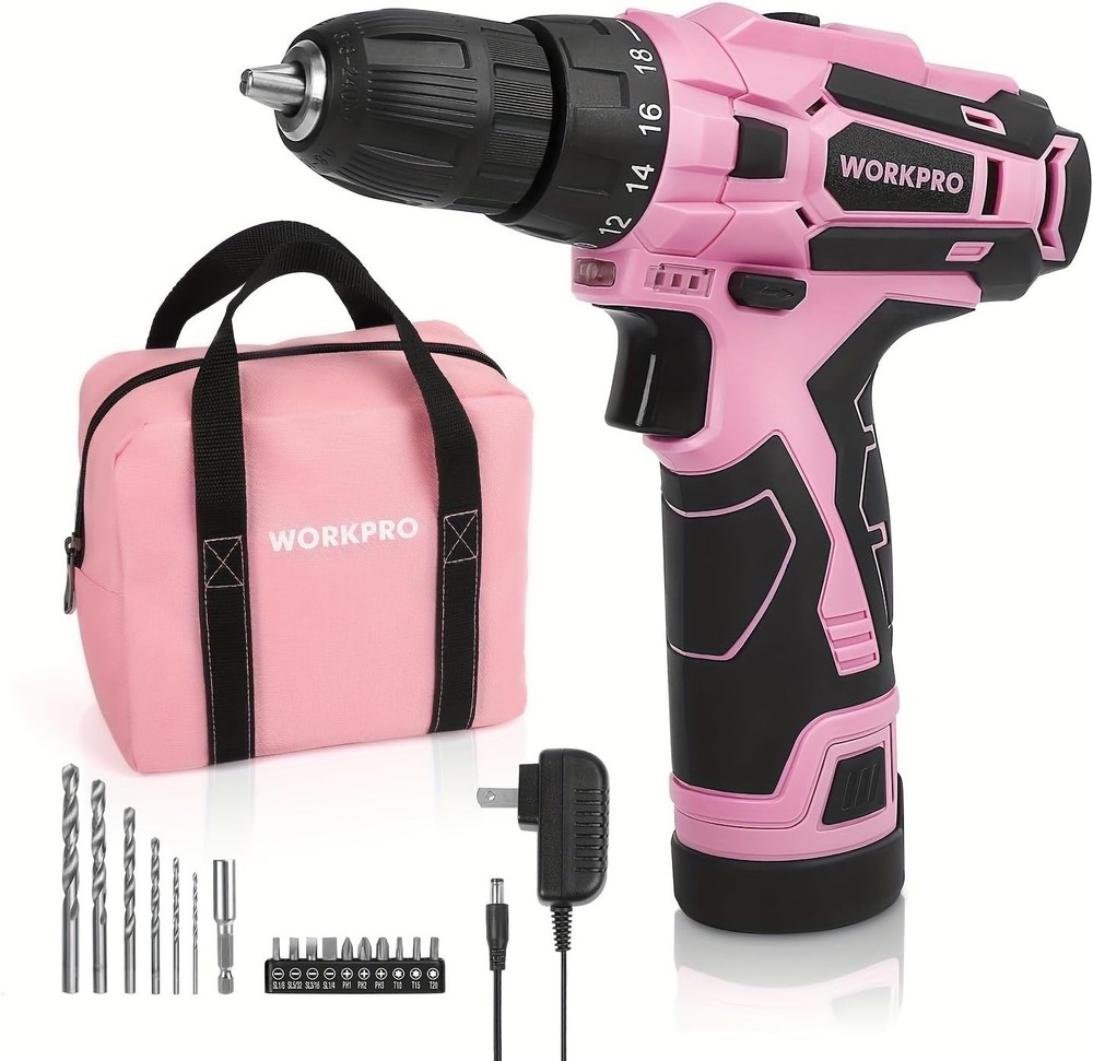 WORKPRO Pink Cordless Drill Driver Set, 12V Electric Screwdriver Driver Tool Kit