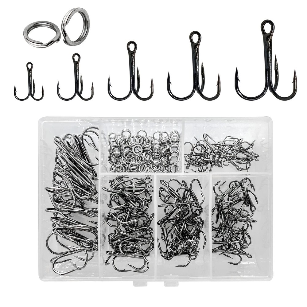 Saltwater Treble Hooks 200Pcs, Strong Sharp Hooks, Split Rings, Silver