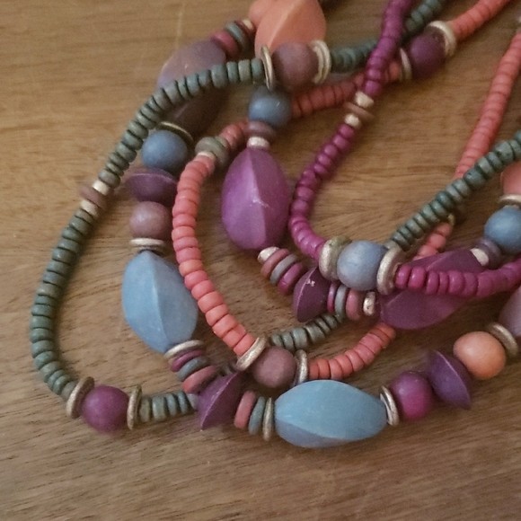 Beaded Solid String Style Layered Wooden Necklace Vintage Boho Handmade 14 inch