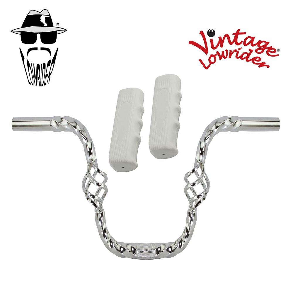 Lowrider Cage Twisted 9" 25.4 Handlebar Chrome Custom 120 Grips Solid/White