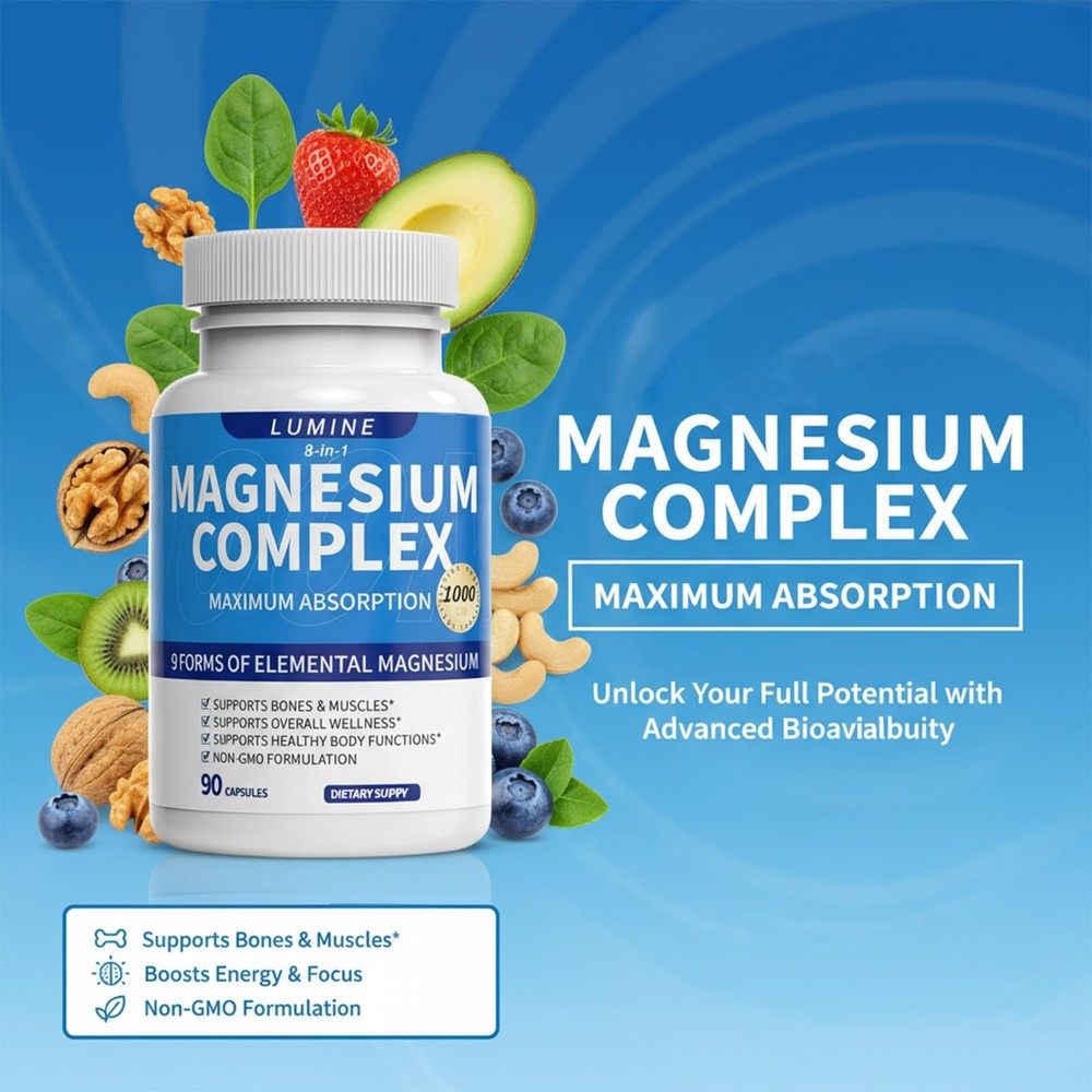 Lumine Magnesium Complex Supplement - Advanced 8-in-1 Elemental 1000mg-...