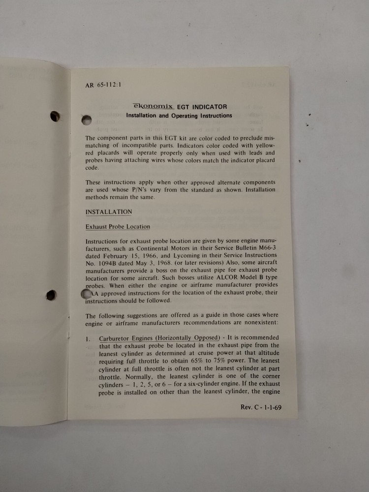 Alcor Inc. Alcor Ekonomix EGT Indicator Installation & Operating Instructions