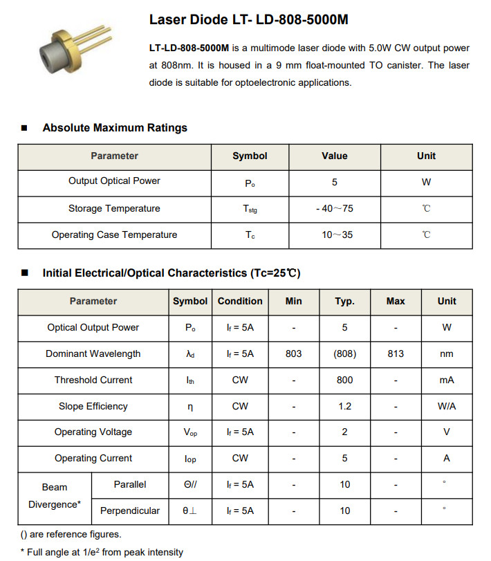 1PCS 808nm 5000mW Multimode Laser Diode Infrared
