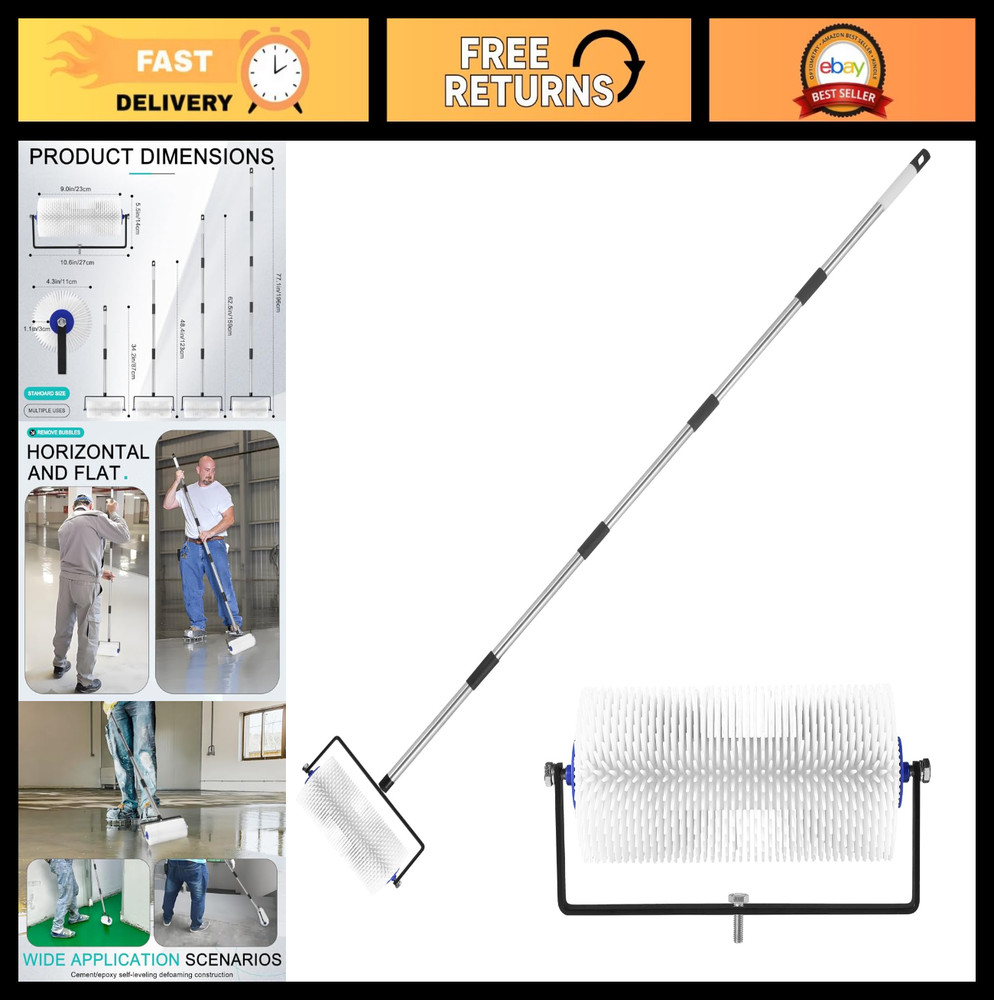 9” Spiked Roller for Self-Leveling Concrete & Epoxy - Adjustable Handle, Bubble