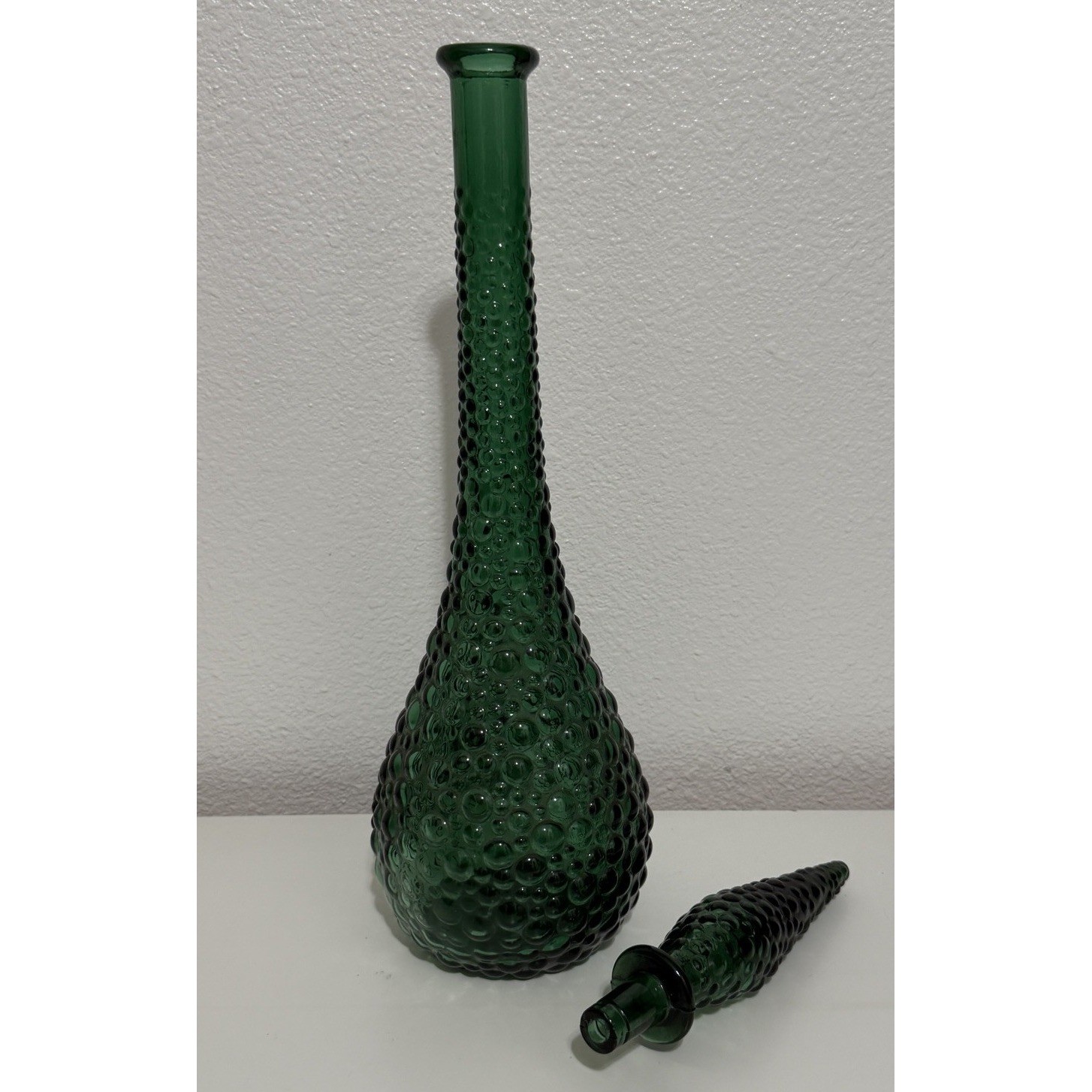 Vintage MCM Green Hobnail Glass Decanter Genie Bottle 21"