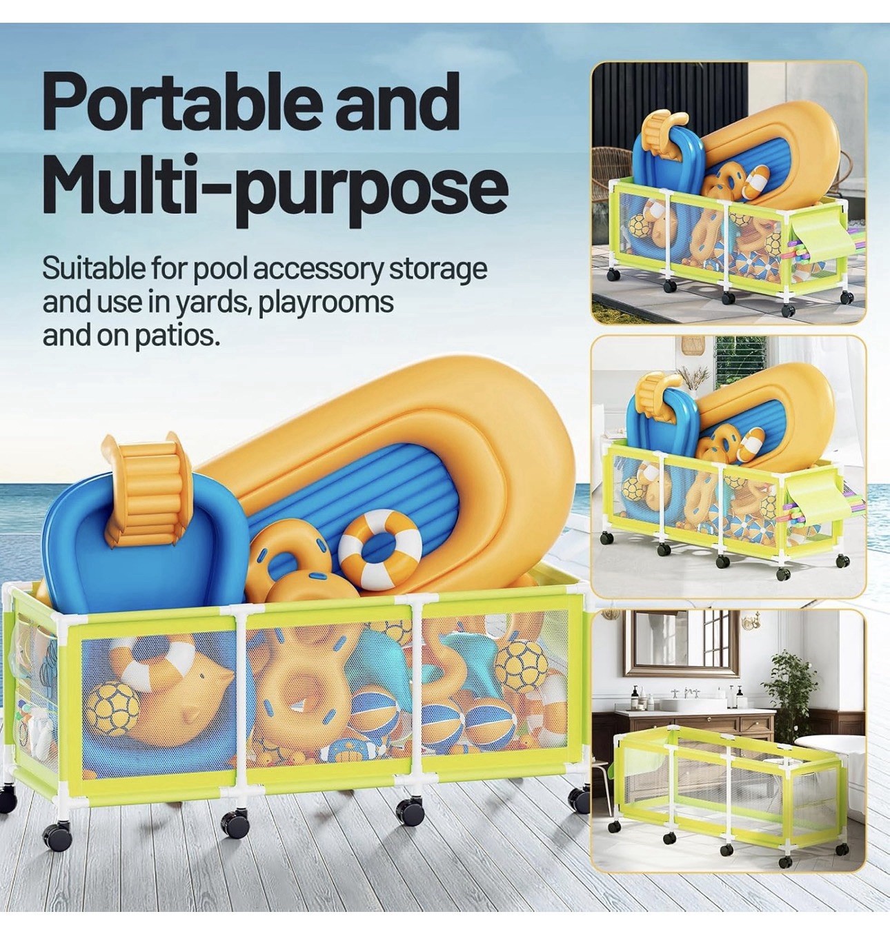 365 Gallon 103" XL Rolling Swimming Pool Storage Bin, Noodles, Toys, Floats Etc.