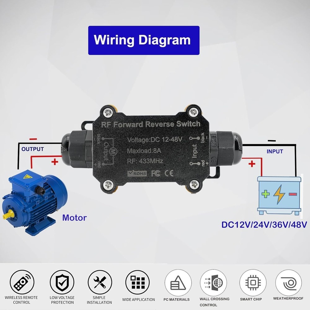 Compact Waterproof Wireless Switch for DC Motor - Forward Reverse Control