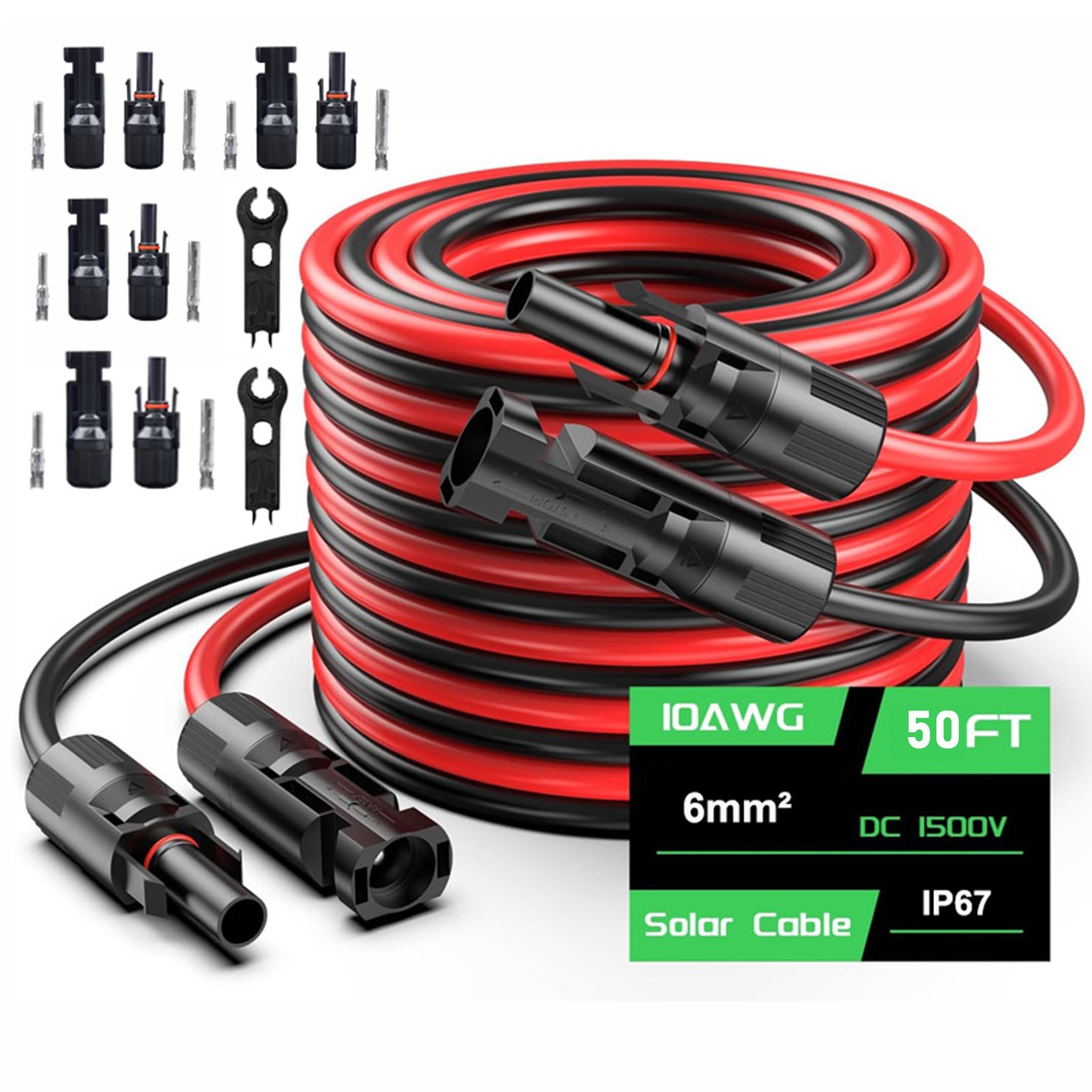 50ft Black+Red 10AWG Solar Panel Extension Cable Flexible PV Wire w/ Connectors