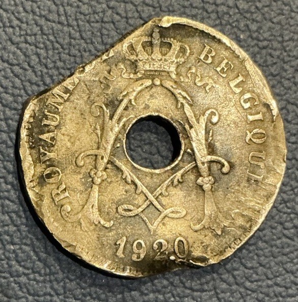 1920 Belgium 20 Centimes - Nice Large Clipped Planchet Error