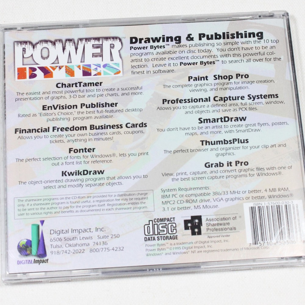Power Bytes: Drawing & Publishing (PC, 1996) Digital Impact, CD-ROM - Mint Disc