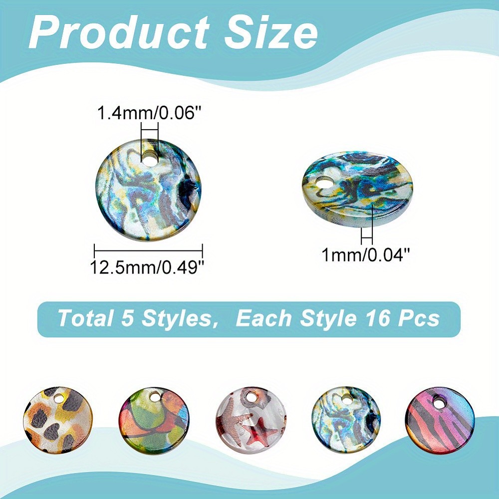1box 80pcs 5 styles Shell Mixed color Flat Round Pendants Printed Shell