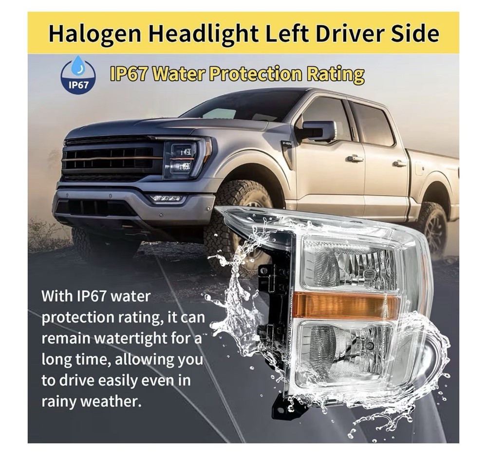 Halogen Headlight Left Driver Side Compatible with 2021 - 2023 Ford F150
