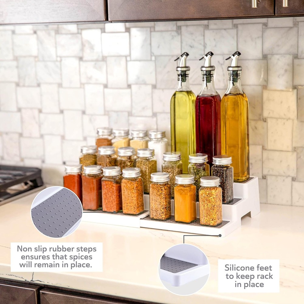 Plastic 3-Tier Expandable Spice Rack - Adjustable Length Non-Skid Shelf (2 PACK)