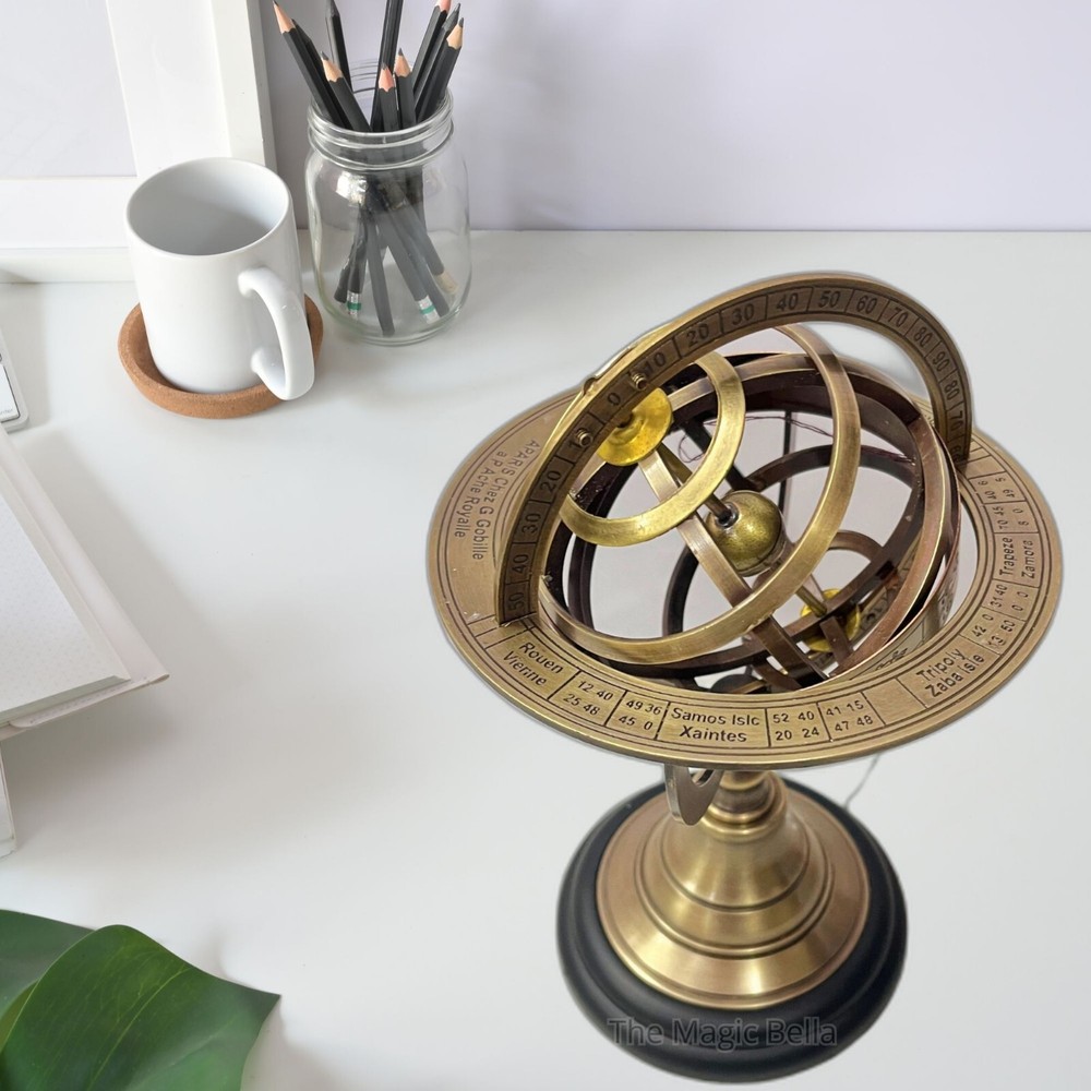 8.2" Handmade Brass Armillary Sphere Globe Clock – Vintage Nautical Compass.