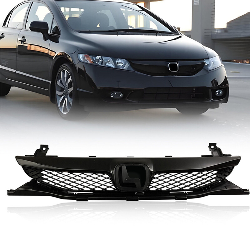 For 2009 2010 2011 Honda Civic Sedan Gloss Black Front Bumper Upper Grille Grill