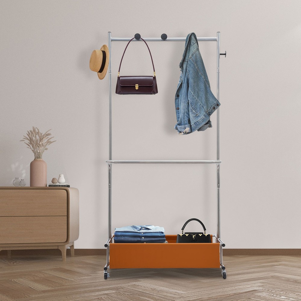 Movable Garment Rack - Modern Silver Iron, Free Standing, 4 Wheels & 5 Hooks
