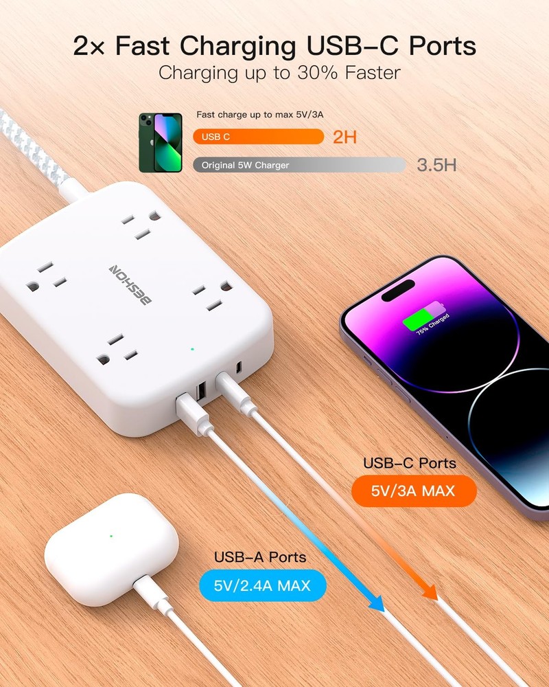 10FT Surge Protector Power Strip, Flat Extension Cord with 2 USB C, Flat Plug...