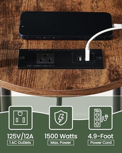 Round Side Table with Charging Station, Small Round End Rustic Brown + Black