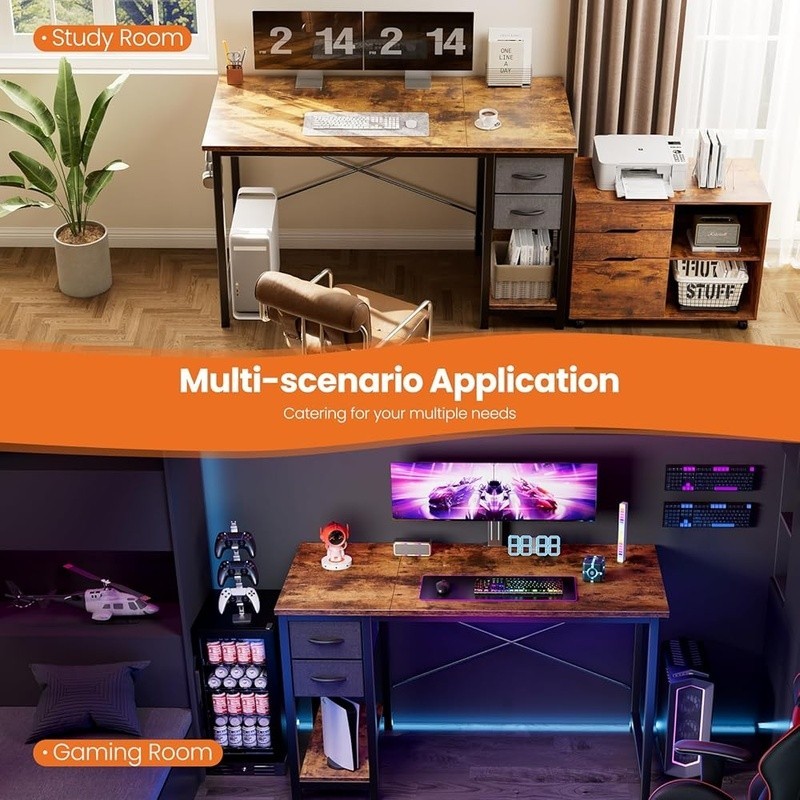 Durable Computer Desk W/ X-Frame Support Adjustable Drawer & Handy Hooks New