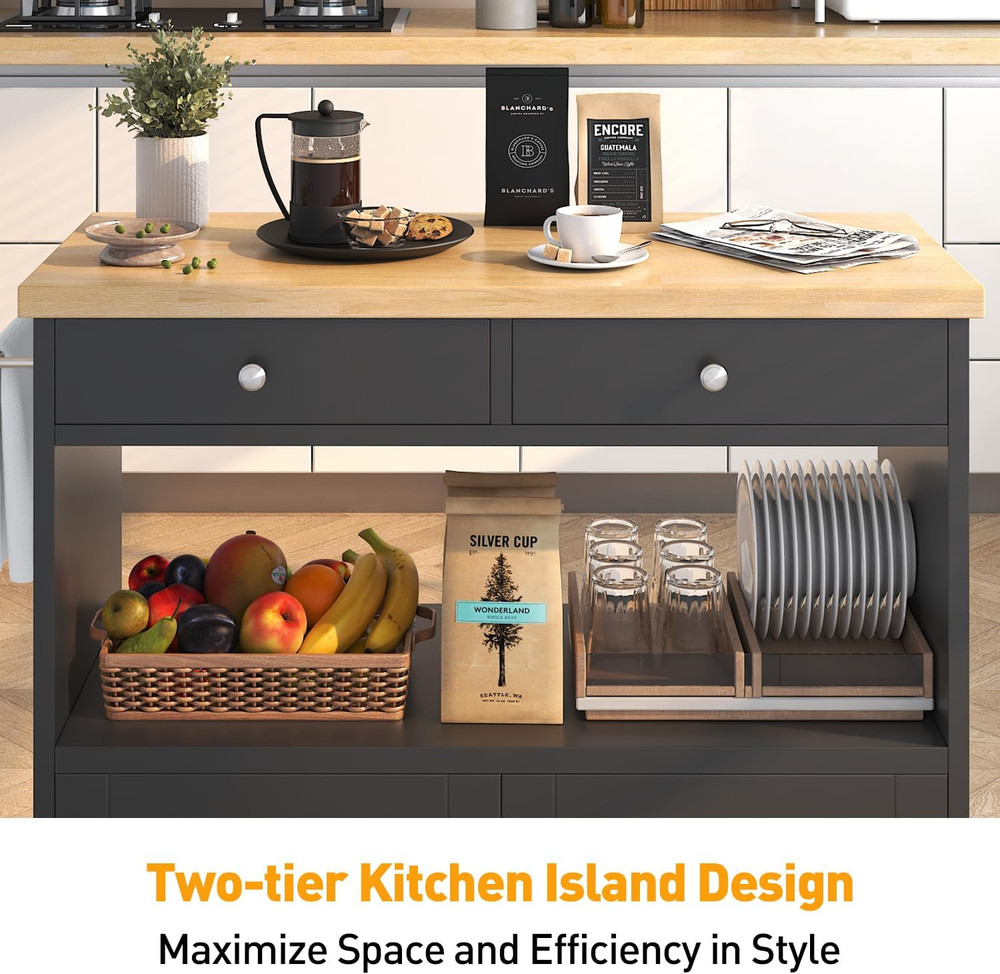 Portable Rolling Kitchen Island with Storage, 2 Drawers & Lockable Wheels
