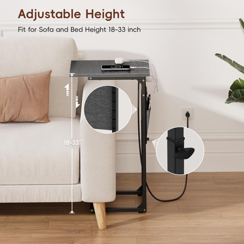 Vagusicc C Shaped End Table with Charging Station, C Table End Table Adjustable