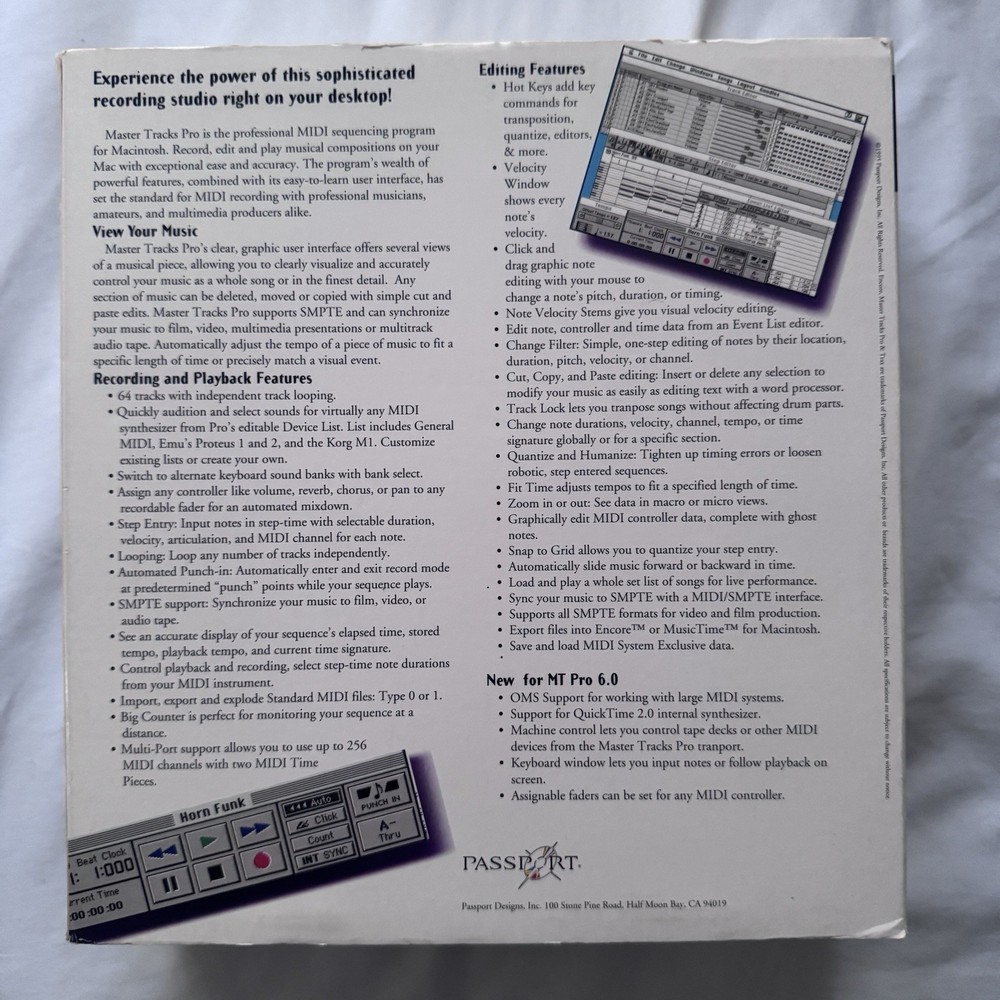 Complete MIDI Sequencing Software Passport Master Tracks Pro 6 Macintosh 1995
