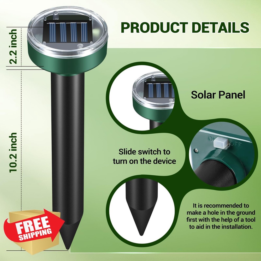 Solar Gopher Mole Repellent Yard Sonic Vole Rat Deterrent Stakes Waterproof O...